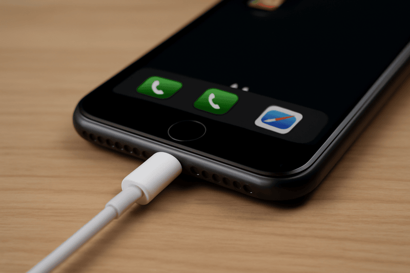 iPhone on Wooden Surface with Charger